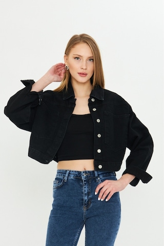Modanida Kadın Kot Ceket Jean Siyah Kot Ceket Crop Kesim Geniş Cepli Düğmeli Denim Ceket Siyah Siyah