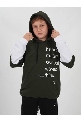 Çocuk Pamuklu Kapüşonlu Heart Mat Yazılı Sweatshirt-14830 Haki