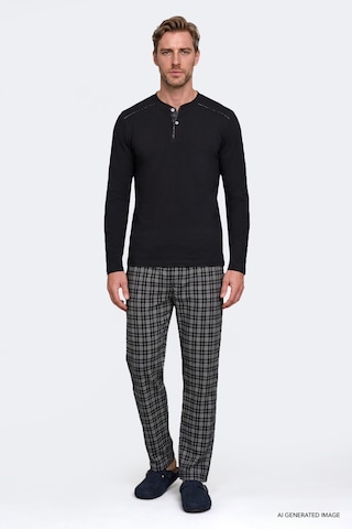 AC&Co / Altınyıldız Classics Erkek Sıyah %100 Pamuk Standart Fit Hakim Yaka Desenli Cepli Pijama Takımı Siyah