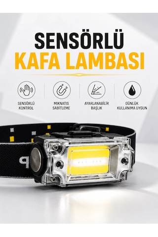 Mey İthalat Sensör Kontrollü Şarjlı Beyaz Led Kafa Lambası Ve El Feneri Çok Renkli