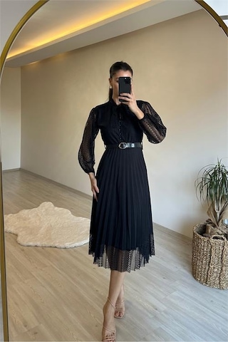 Neşeli Butik Kadın Dantelli Piliseli Yaka Bağlamalı Midi Elbise Nm012 Siyah