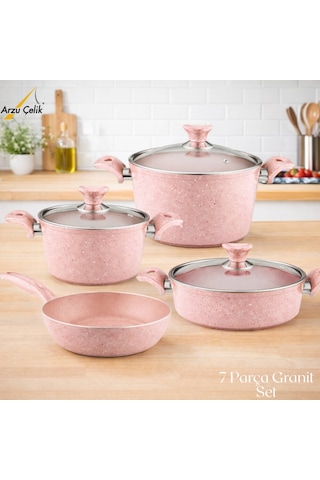 7 Parça Granit Set Cam Kapak - Pembe Pembe