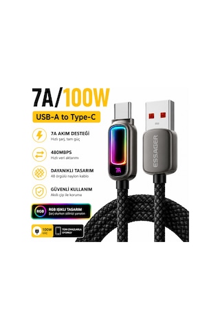 Essager 1 Metre 100w 7a Usb-a To Type-c Hızlı Şarj Kablosu Rgb Işıklı 480mbps Veri Aktarımlı Örgülü Data Kablosu Siyah
