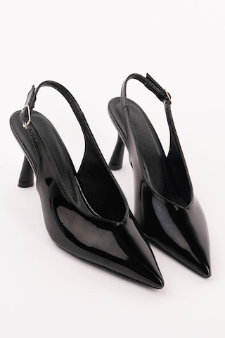 Esatsani Siyah Rugan Sivri Burun Arka Açık 9 Cm Topuk Vısıon Stiletto Kadın Ayakkabı Siyah Rugan