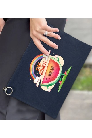 Bk Gift Yaz Temalı-7 Astarlı Lacivert Portföy Çanta 30x21cm, Baskılı El Çantası, Organizer Çanta