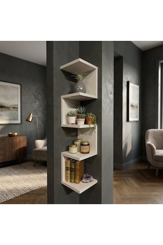 Bicabin Bicabin Dekoratif Ahşap Modern Zigzag Köşe Duvar Rafı Organizer