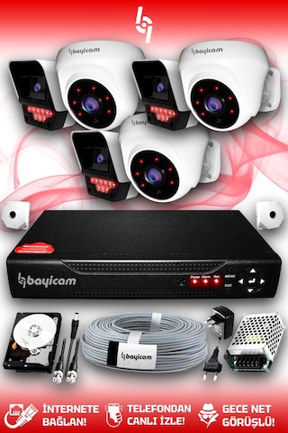 Bayicam 6 Kameralı Süper 3 İç Kamera Set 320 GB 5 MP 2K Net Gece Görüşlü Güvenlik Kamerası Sistemi