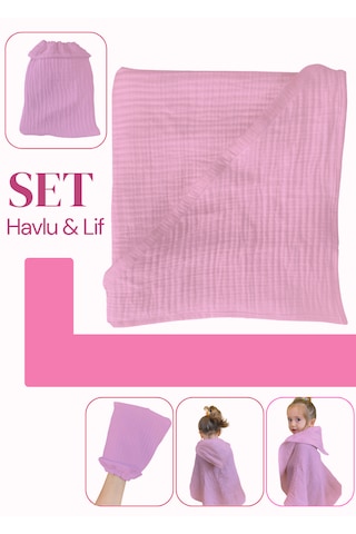 Joyous Mom Kids Organik Muslin Banyo Kese Ve Havlu Seti Koyu Pudra