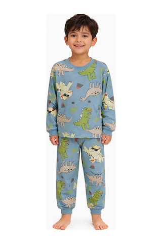 Mavi Dinozor Desenli Erkek Çocuk Pijama Takımı
