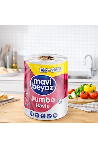 Mavi Beyaz Jumbo Kağıt Havlu 4 Lü Set 1 Rulo 6 Rulo Etkisi Yüksek Emicilik Ekonomik Paket