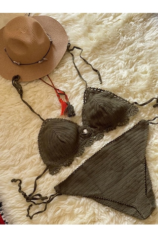 İvita Koyu Yeşil Taş Detaylı Çok Tarz El Yapımı Tığ Örgüsü Bikini Koyu Yeşil