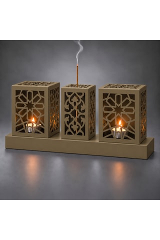 Lazer Kesim Metal Tealight Mumluk Ve Tütsülük Seti Geometrik Selçuklu Yıldızı Motifli Modern Ev Dekoru Benzersiz Masa Süsü Ve Hediye Haki