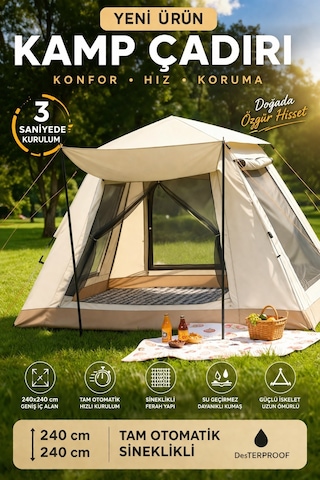 6 Kişilik Otomatik Kurulumlu Kamp Çadırı Sineklikli & 1000 Mm Su Geçirmez Outdoor Çadır Bej