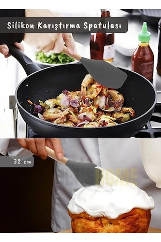 Silikon Karıştırma Spatulası Mutfak Kaşığı Pasta Spatulası Sıyırma Spatula Ahşap Saplı 32 Cm Gri