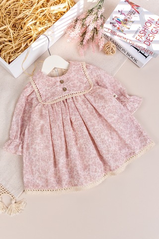 Babymod Kabartma Çiçekli Dantelli 100% Pamuk Özel Gün Kız Bebek Elbise Pembe