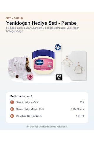 Yenidoğan Hediye Seti 3 Parça: İç Zıbın + Müslin Örtü + Vaseline Bakım Kremi - Pembe