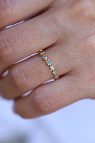 Yenigün Kuyumculuk 14 Ayar Altın Firuze Taş Detaylı Yıldız Dizisi Yüzük Yzk26055