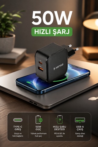 50w Çift Portlu Usb-c Girişli Akıllı Hızlı Şarj Adaptörü
