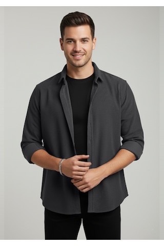 Deepsea Erkek Füme Kadife Fitilli Rahat Kesim Gömlek Yumuşak Dokulu Likralı Kadife Gömlek 2600758 Füme