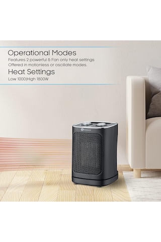 Puremate Seramik Fanlı Isıtıcı, 2 Isıtma Ayarlı 1800w Taşınabilir Elektrikli Isıtıcı Fanlı Isıtıcılar Siyah
