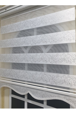 Zebra Stor Perde Sarmaşık Desen Gümüş Simli Etek Dilimli Stb9300 V 01