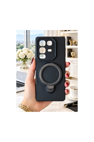 İnfinix Hot 50 Pro İle Uyumlu 360 Derece Dönebilen Kalın Metal Magsafe Halka Stantlı İçi Kadife Korumalı Ultra Lüx Premium Silikon Kılıf Siyah