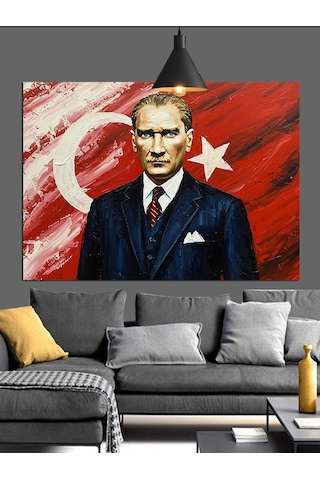 Bayrak Önünde Atatürk Portre Dekoratif Kanvas - Mdf Ahşap Tablo