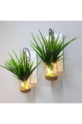 Duvar Dekoru, Led Işıklı, Yeşil Çimen Bitki, Beyaz Aplik İkili Set