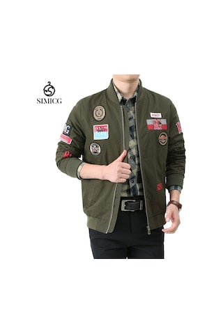 Erkek İlkbahar Ve Sonbahar Uzun Kollu İnce Beyzbol Yaka Baskılı Ceket Yeşil