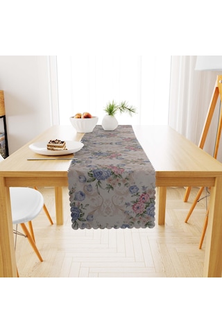 Modern Gül Desenli Mavi Dijital Baskılı Süet Dokuma Runner 40x140