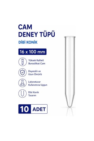 16x100 Mm Cam Deney Tüpü Dibi Konik 10 Adet Laboratuvar Test Tüpü