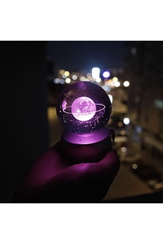 Kristal Cam Küre Renk Değiştiren Led Işıklı Gece Lambası Dekoratif Hediyelik Satürn Kızı