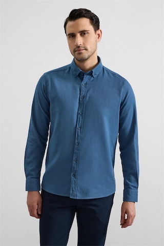 Süvari Mavi Slim Düğmeli Yaka Düz Casual Gömlek Gm2008000264-m04 Mavi