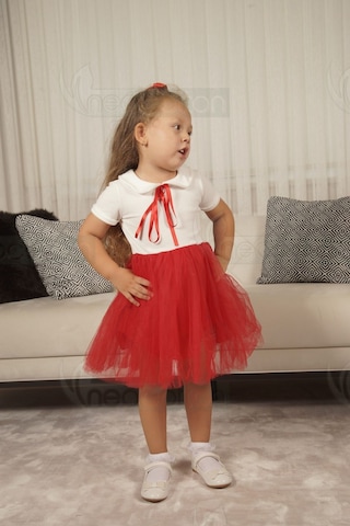 Kız Çocuk Bebe Yaka Kısa Kollu Astarlı Tüllü Elbise Kısa-kırmızı Kırmızı