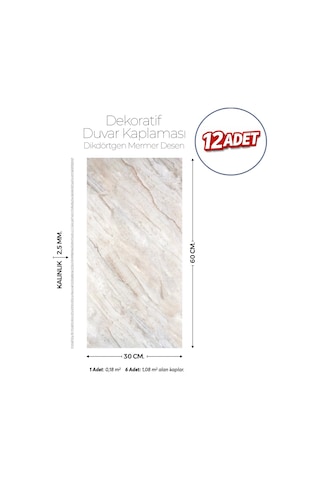 30x60 Cm Kendinden Yapışkanlı Duvar,banyo,tezgah Arası Kaplama Bej Mermer Desen 12 Adet 30 X 60 Cm