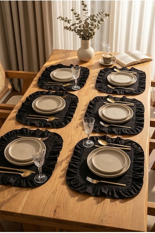 Pamuklu Fırfırlı Kare Supla 6'lı Set Amerikan Servis 33 Cm Supla Siyah