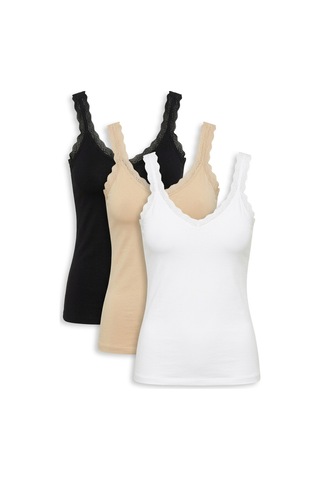 Siyah İnci 3'lü Paket Pamuklu Likralı Askılı Dantelli Örme T-shirt Atlet 1006 Siyah Beyaz Ten