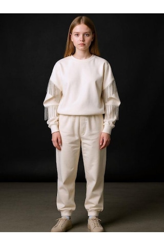 Kız Çocuk Yüzde Yüz Pamuklu İki İplik Zincir Detaylı Sweatshirt-16698 Ekru