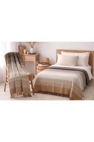 Aksu Allday Çift Kişilik Pamuklu Battaniye Tv Battaniye 2'li Set 180 X 220 / 130 X 170cm Kahve - Krem