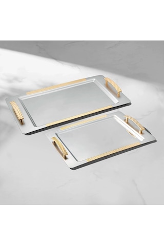 Nehir Sırma Sade Altın 2 Li Paslanmaz Çelik Tepsi Çay Kahve Tepsisi - Servis Tepsisi Gümüş