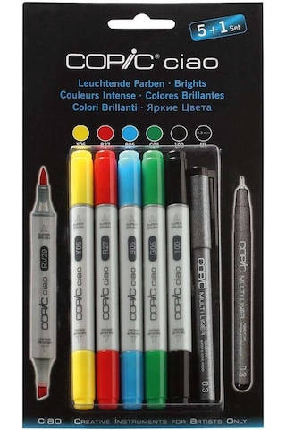 Copic Ciao Çift Taraflı Grafik Marker Kalem Seti 5+1 Brights Colours 22075550 Çok Renkli