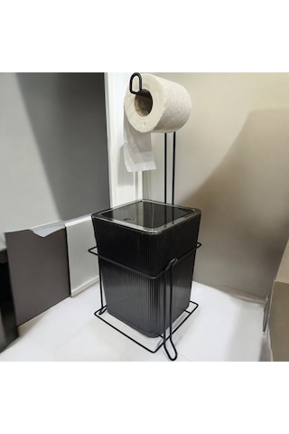 Suntel Lüks Banyo Mutfak Çöp Kovası Metal Standlı Tuvalet Kağıtlık Seti Siyah