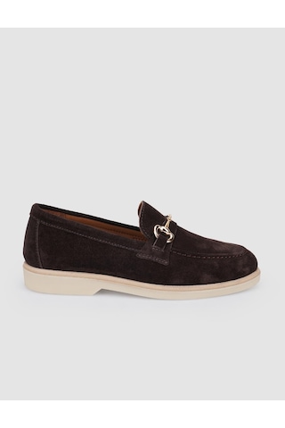 %100 Hakiki Deri Kahverengi Süet Kadın Loafer Kahverengi