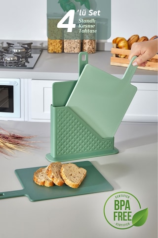 4'lü Tezgah Üstü Standlı Kulplu Kesme Tahtası - Çoklu Doğrama Tahtası Ekmek Sebze Et Kesim Panosu Yeşil