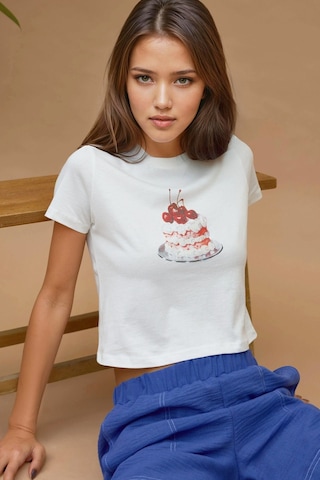 Hiccup Baskı Detaylı Regular Fit Bisiklet Yakalı %100 Pamuklu Crop T-shirt Kırmızı