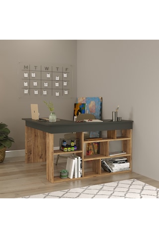 Robinhome Robin Home Boston Kitaplık Raflı Çalışma Masası Çam-Gri