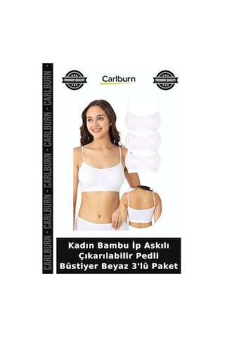 Carlburn Özel Seri Kadın Bambu İp Askılı Çıkarılabilir Pedli Büstiyer Beyaz 3'lü Paket Konforlu Seçim