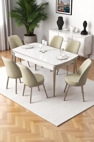 Canisa Nira Serisi 70x114 Mdf Açılabilir Beyaz Masa Takımı 6 Krem Sandalye Krom Detay Masa Beyaz Sandalye Krem Ayaklar Krom