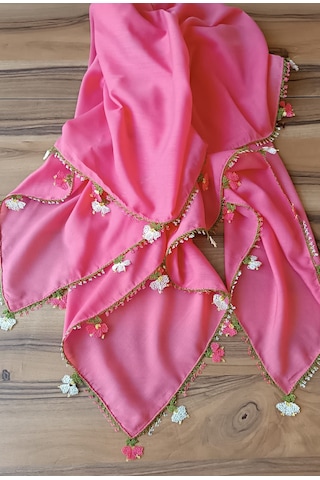 El Emeği İğne Oyalı Pembe Yazma / Yemeni - Çiçek Motifli Çeyizlik Eşarp Açık Pembe - Pembe