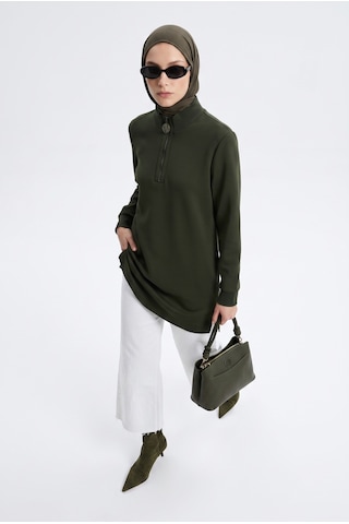 Armine Trend Fermuar Detaylı Uzun Basic Tunik Küf Yeşili Agtn1412